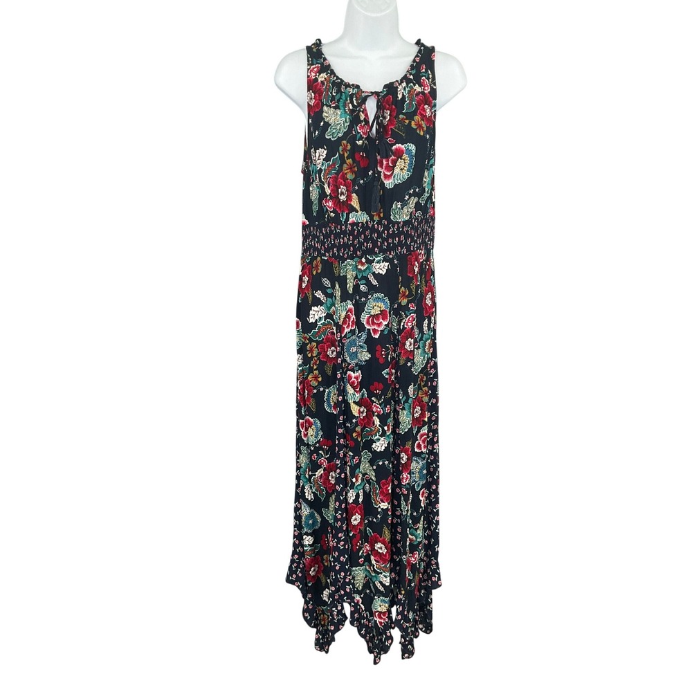 Bila Maxi Dress‎ Womens Sz M Black Floral Tie Neck Smocked Boho Flowy Travel